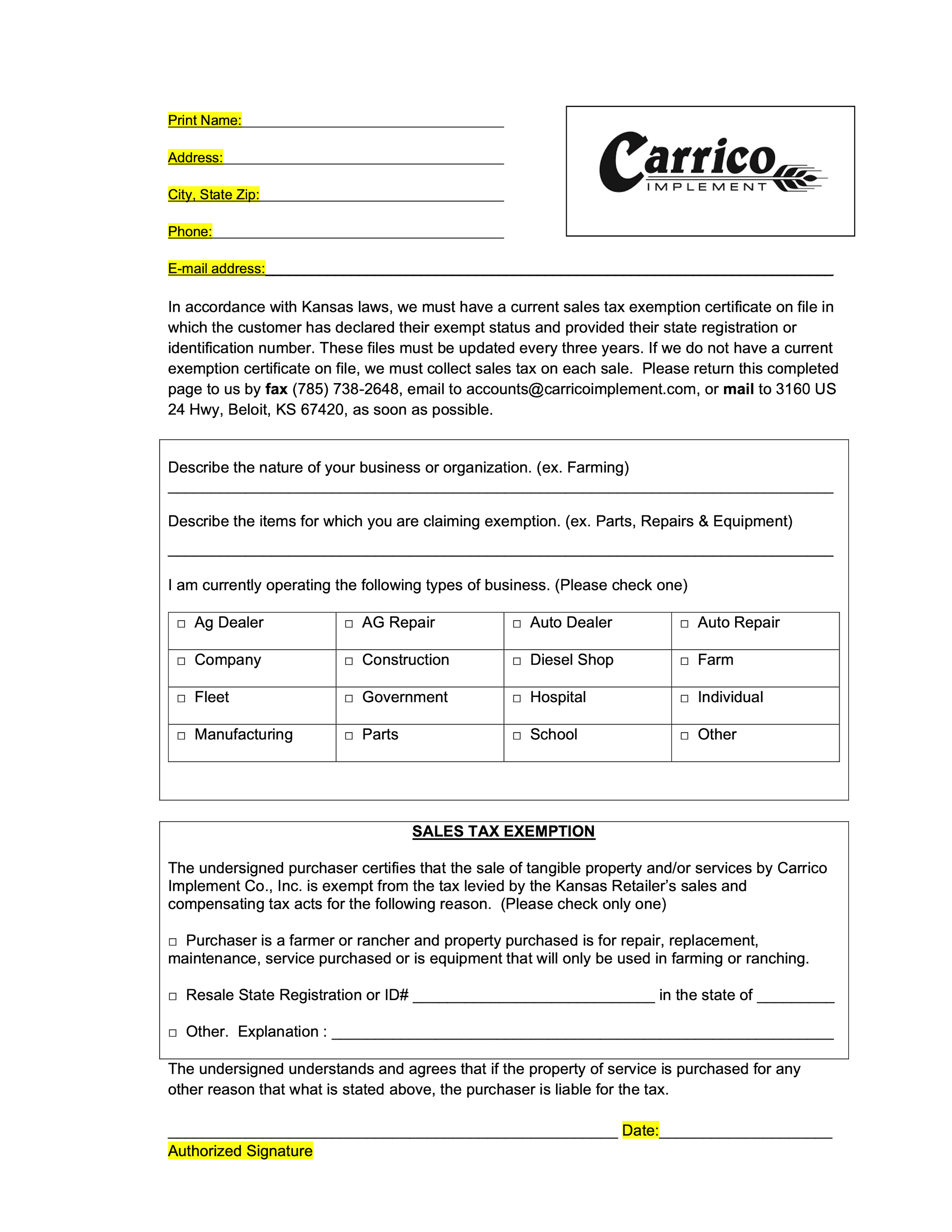 Sales Tax Exemption Form